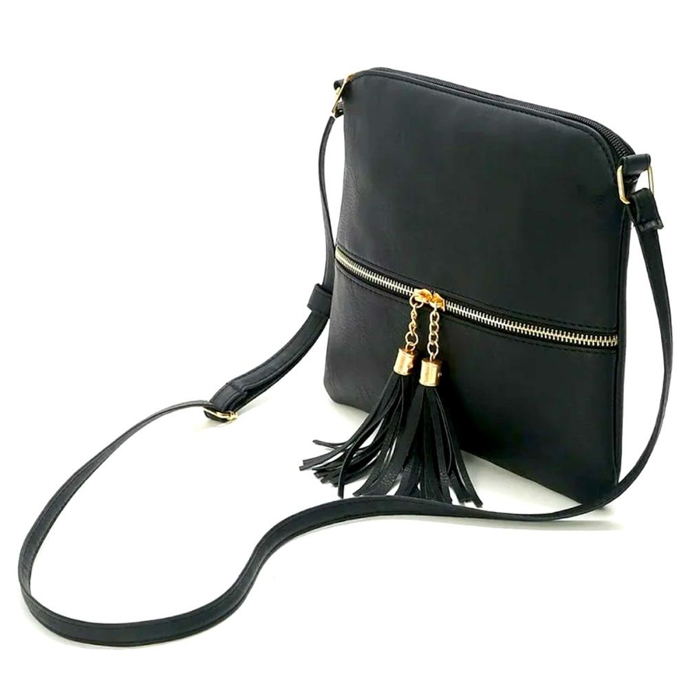 Black Double Zip Tassel Accent Medium Crossbody Bag